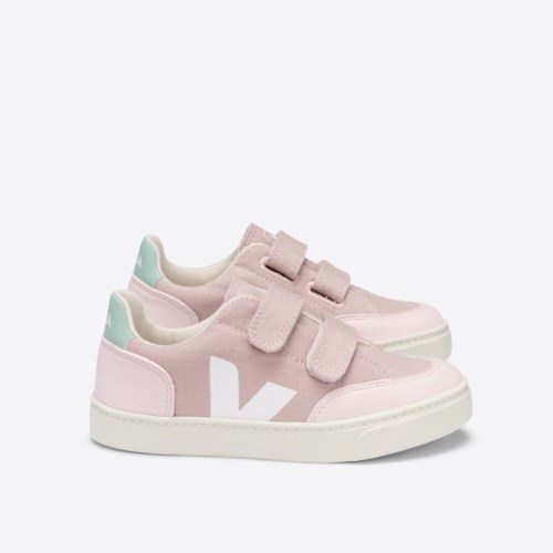 Veja V-12 Velcro Canvas Babe Kids Trainers Pink UK 45997